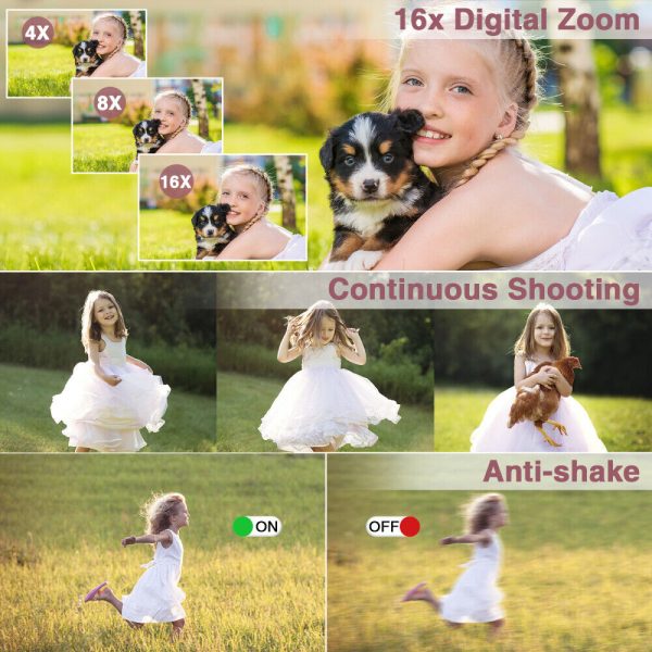 2.4'' Digital Camera HD 1080P 44MP LCD Display Screen 16X Zoom Anti-Shake Pink - Image 5