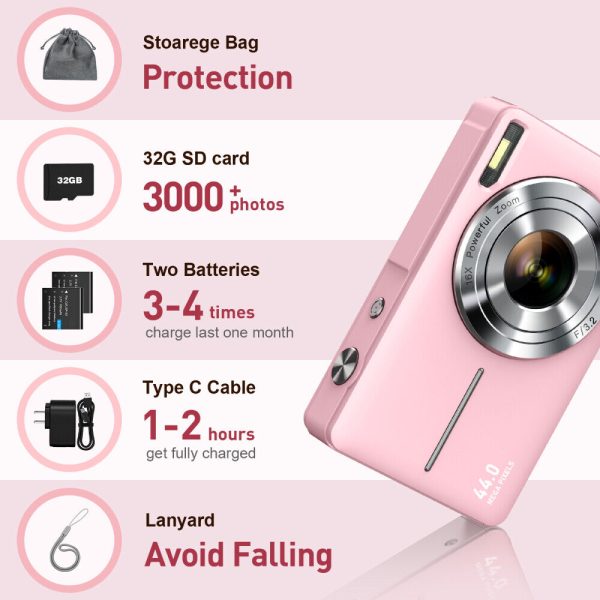 2.4'' Digital Camera HD 1080P 44MP LCD Display Screen 16X Zoom Anti-Shake Pink - Image 10